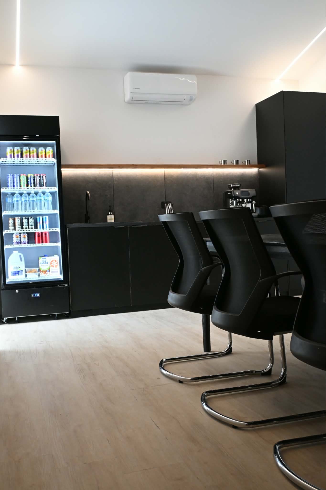 Co-working kitchenette and seating area